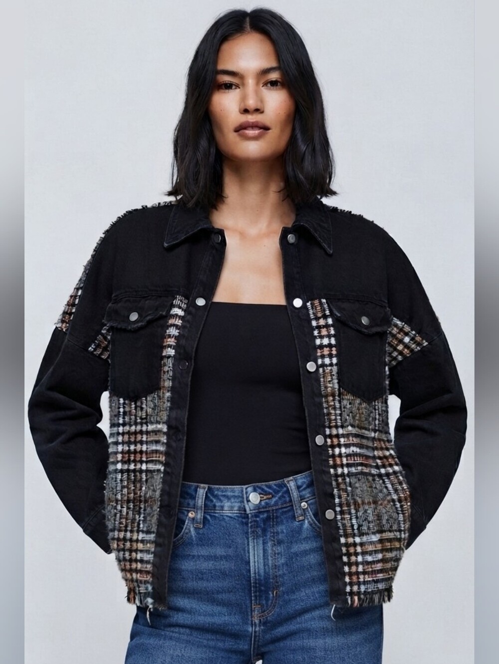 Zara Wool Tweed Denim Jacket Oversized Frayed Hem Black Size Small